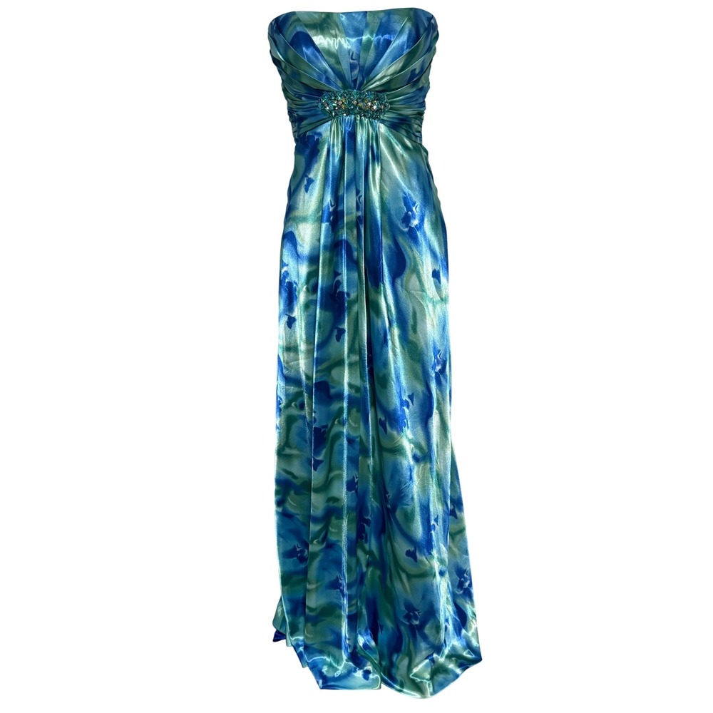 Y2K Cache Formal Gown Dress vtg strapless open back Watercolor women 4 bead prom